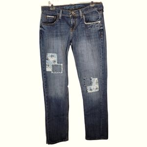 Cruel denim Rhyon slim leg jeans with cowboy print patch accents Size 26